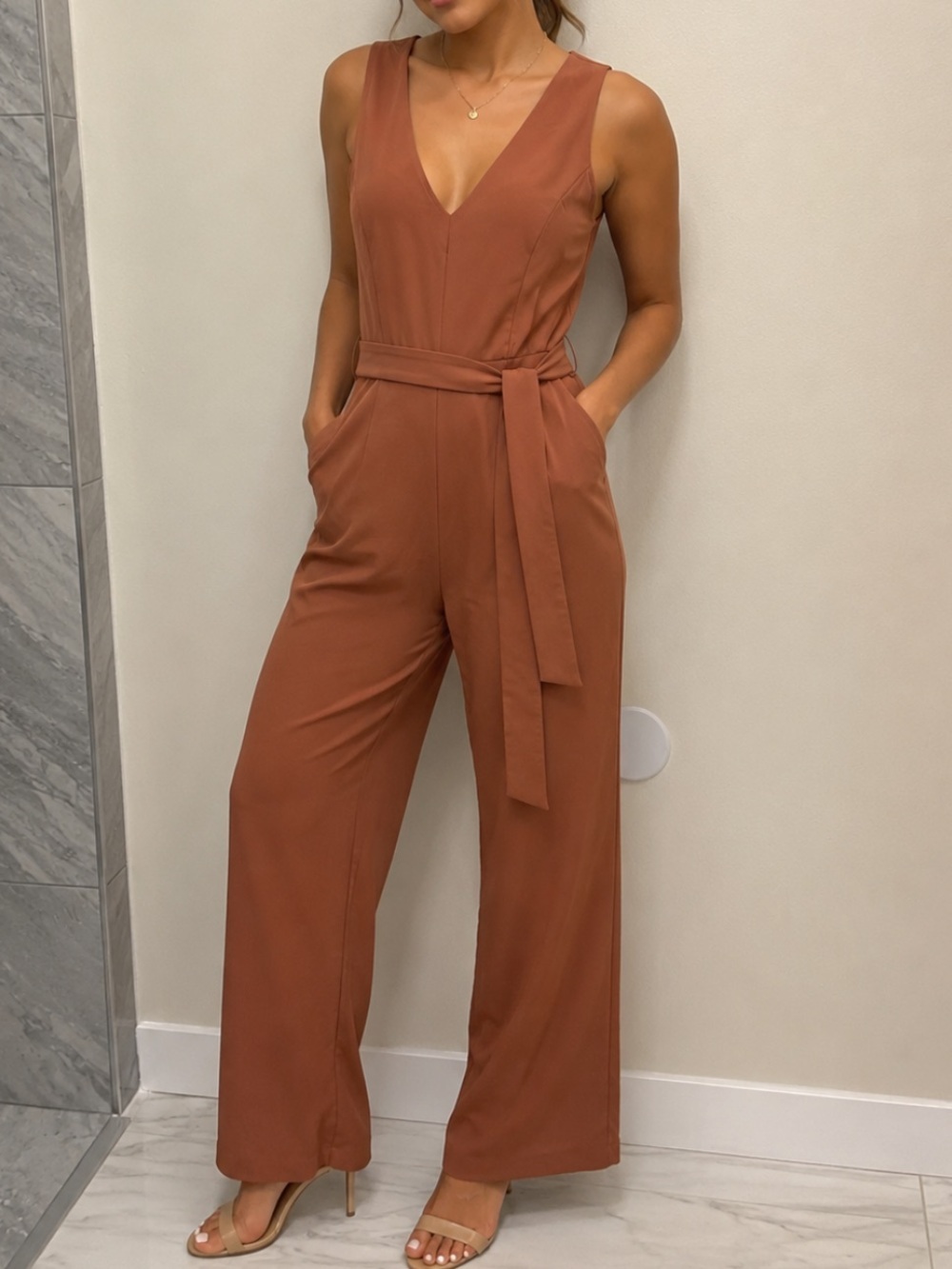 a new day Rust Sleeveless V-Neck Wide-Leg Jumpsuit with Tie Belt Size Xs